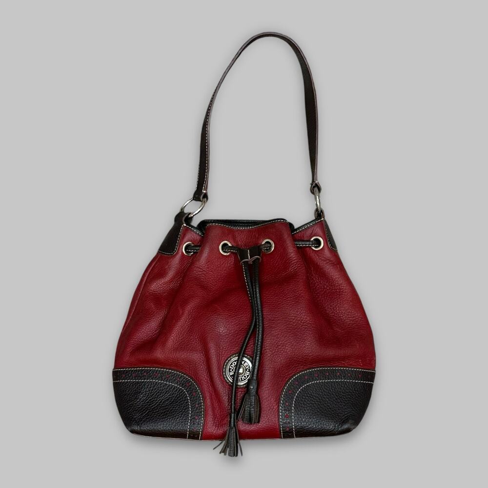 Vintage Dooney & Bourke Red & Black Pebbled Leather Drawstring Shoulder Bag